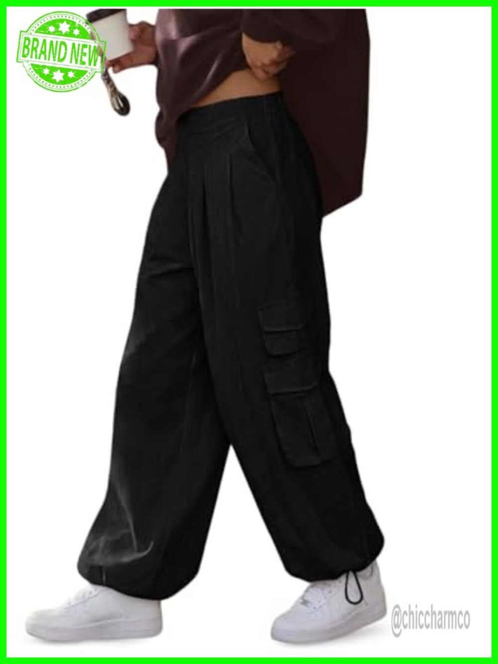 Wide Leg Cargo Pants 100% Cotton High Rise Elastic Waist Casual Trousers